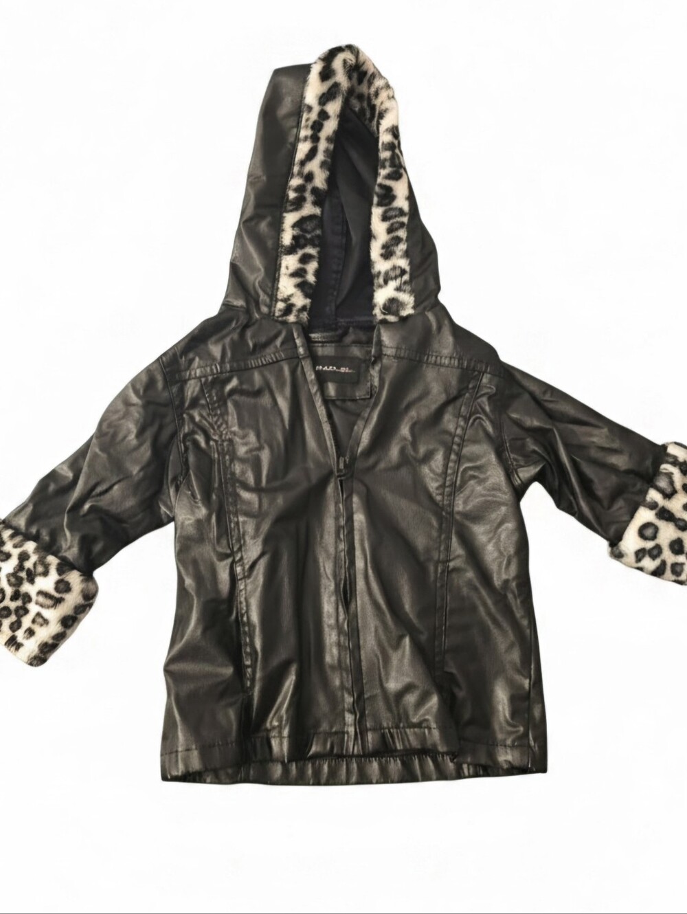 Renee Raquel 2T Girls Faux Leather Jacket Hooded Leopard Faux Fur Trim Black